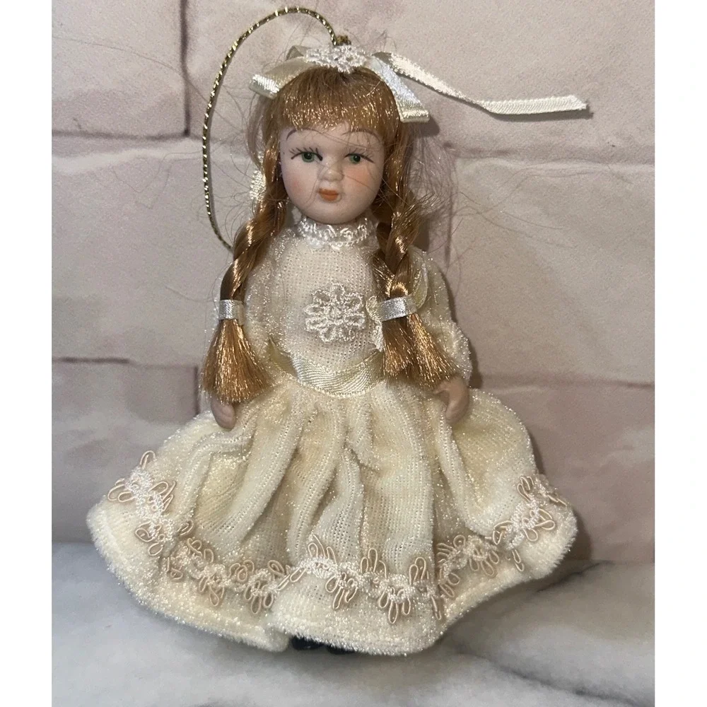 Vintage Porcelain Doll Christmas Ornament Cream Lace Dress Braids 5 Inch